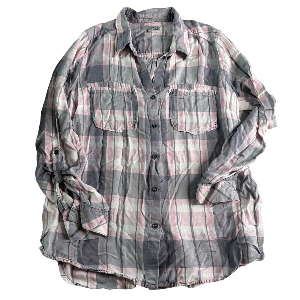 KUT From The Kloth Plaid Button Down Shirt Women Large Pink Gray Lyocell RollTab